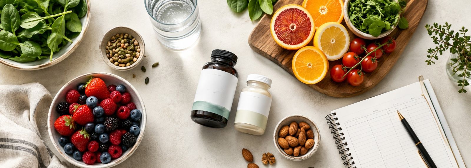 Antioxidant-rich foods with vitamin supplements and a healthy eating notebook