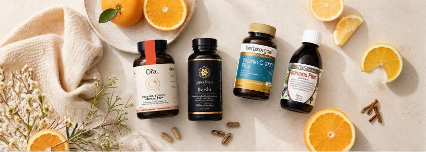 Immune support supplements with vitamin C, Immune Plex, reishi mushrooms and herbal products