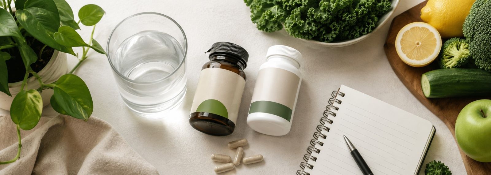 Liver health routine with nutritious food, water and liver support supplements