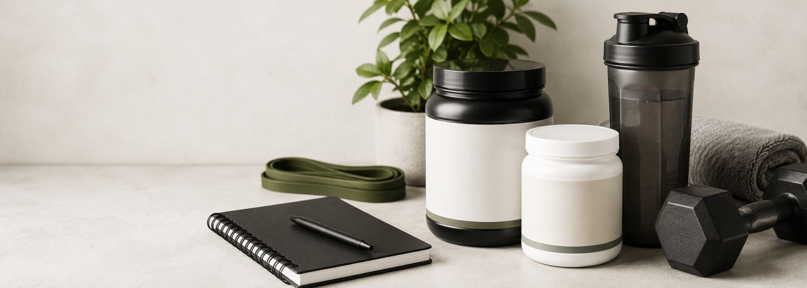 Sports nutrition supplements with training equipment, water and a workout notebook