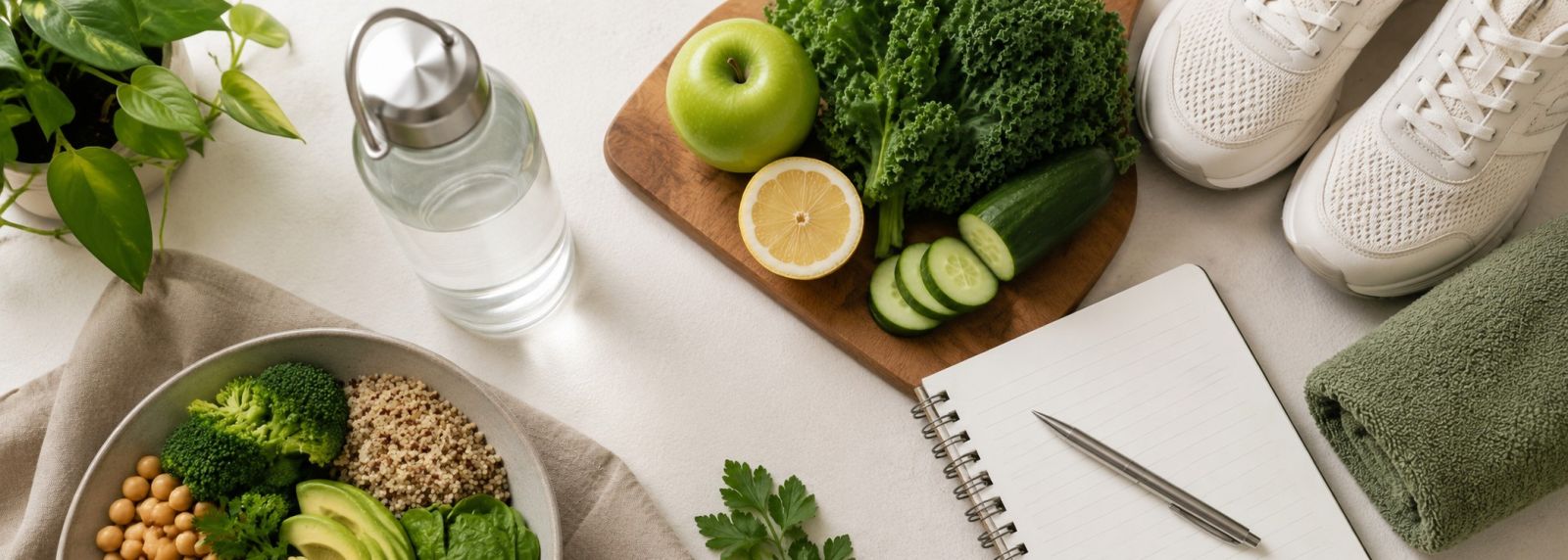 Healthy everyday routine supporting liver health with nutritious food and water