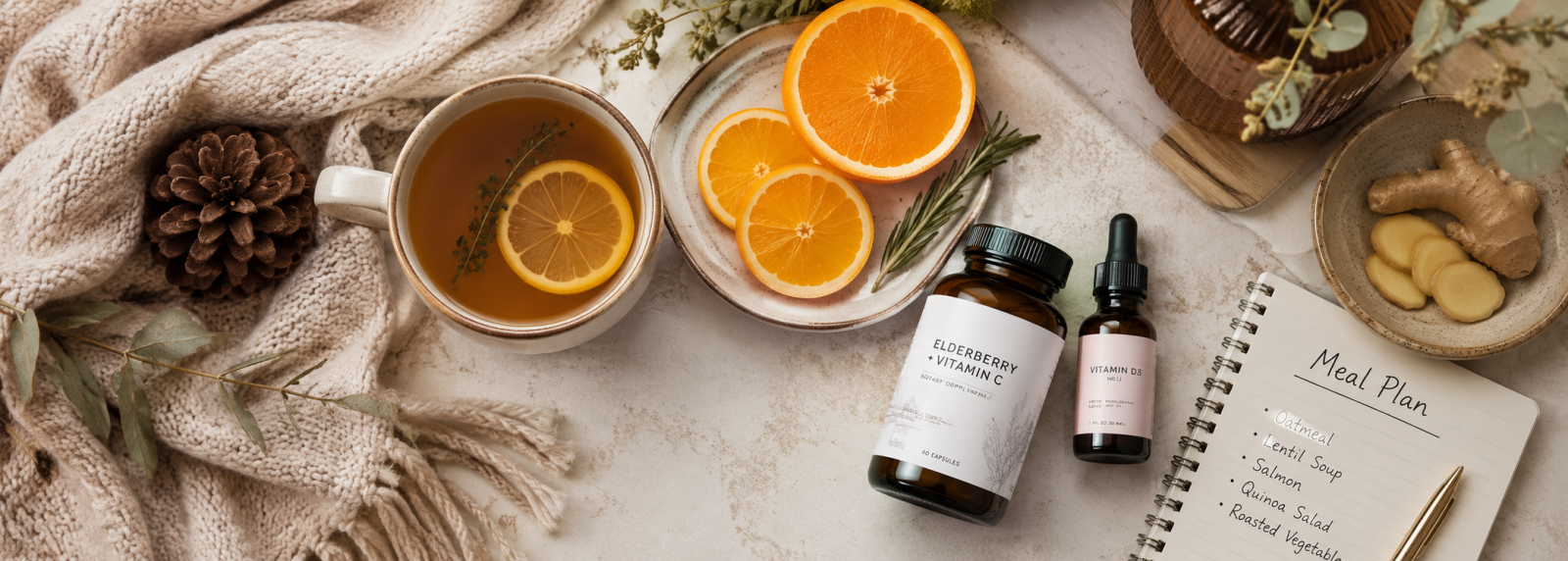 Winter wellness routine with citrus, herbal tea and immune support supplements