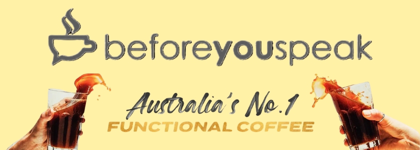 Two hands holding splashing iced coffee glasses around the words Australia’s No.1 Functional Coffee on a clean branded BeforeYouSpeak banner.