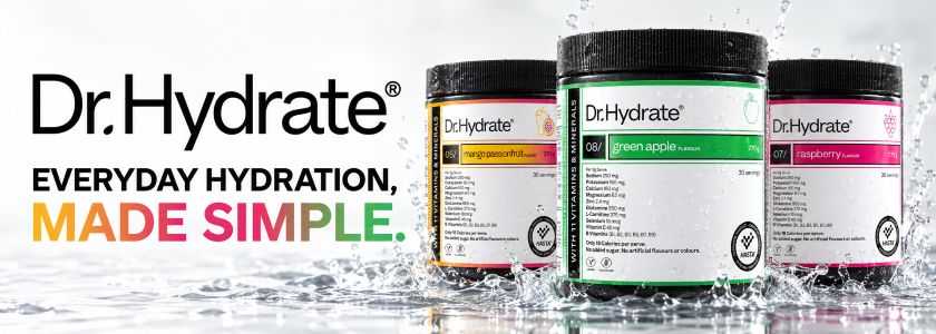 Dr Hydrate 270g hydration drink jars in Green Apple, Mango Passionfruit and Raspberry flavours with fresh water splash.