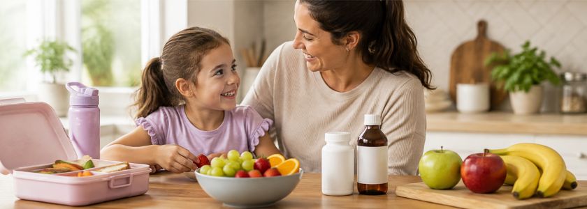 Parent and child in a kitchen with fresh fruit and generic children's health supplement packaging
