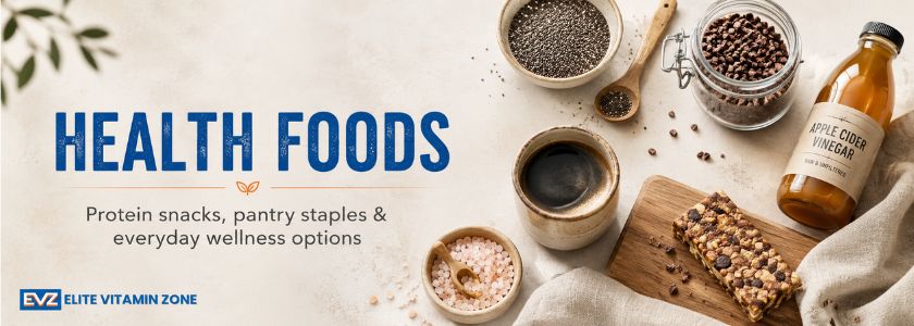 Health foods including chia seeds, cacao, apple cider vinegar, coffee and sea salt