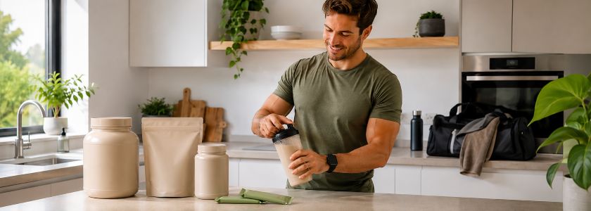 Active adult holding an unbranded protein shaker in a bright contemporary setting