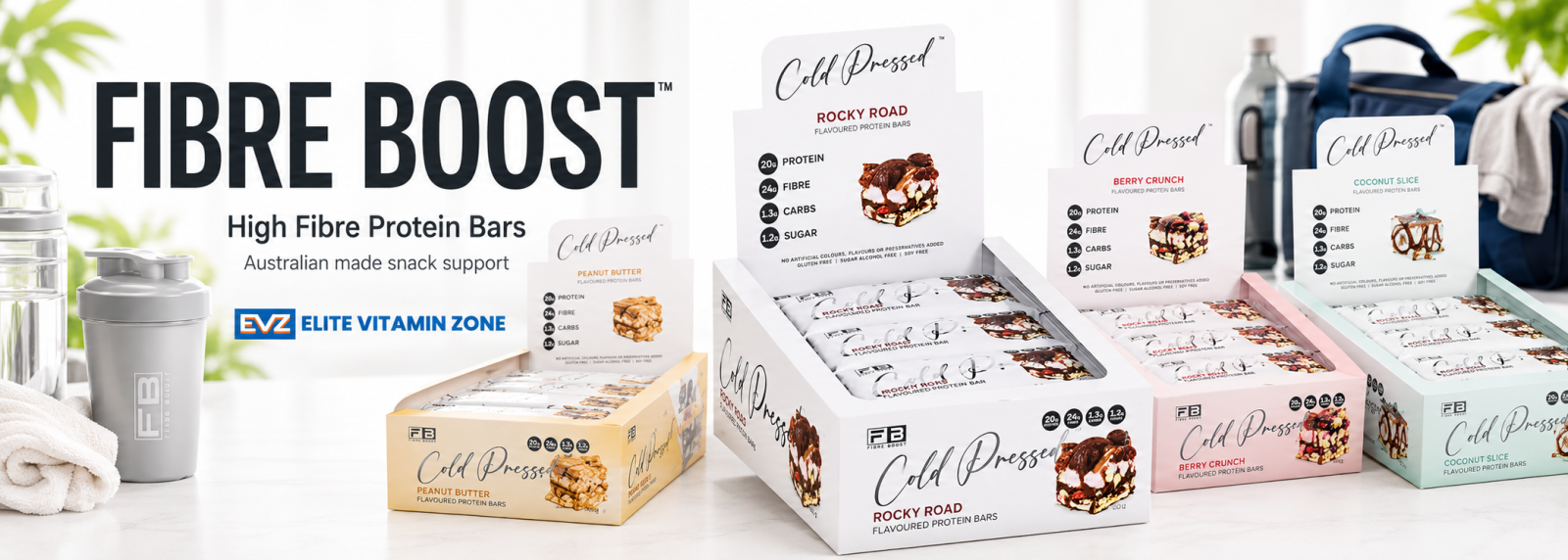 Fibre Boost brand image featuring cold-pressed protein bars for high fibre, high protein snacking at Elite Vitamin Zone