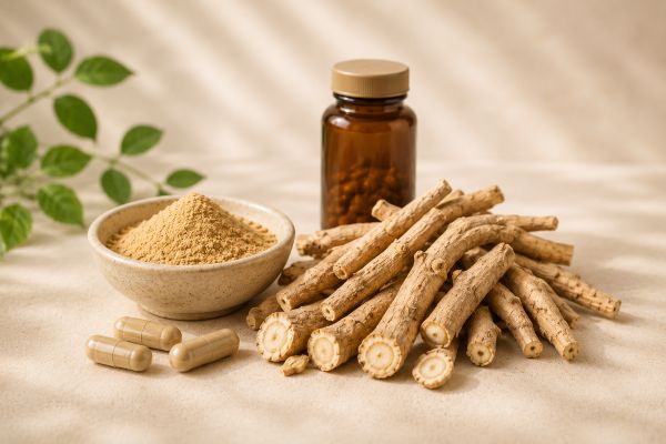 Ashwagandha roots, herbal powder and capsules arranged with an unbranded amber supplement bottle
