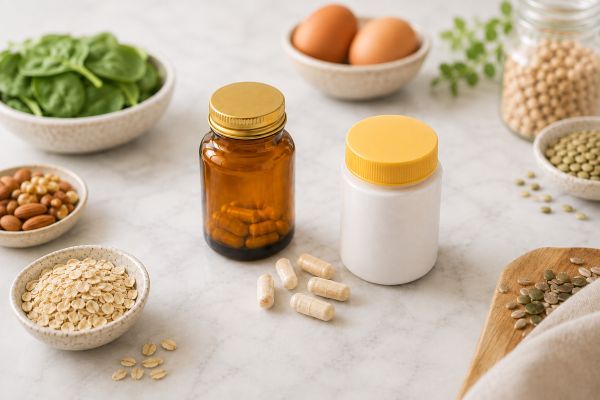 Unbranded B vitamin supplements with grains, eggs and leafy greens in a natural wellness setting
