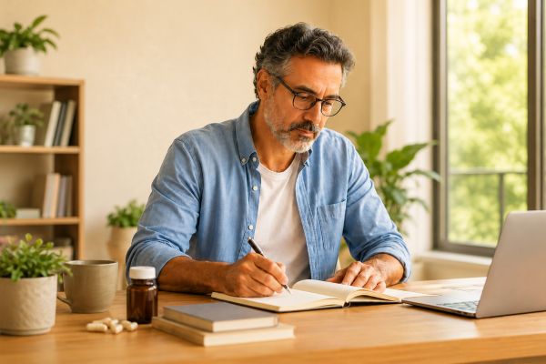 Adult writing at a desk with unbranded brain and memory supplements in a calm home setting