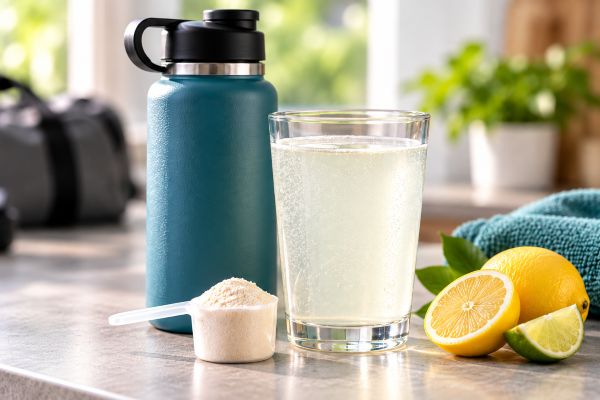 Reusable water bottle, glass of electrolyte drink and unbranded hydration powder