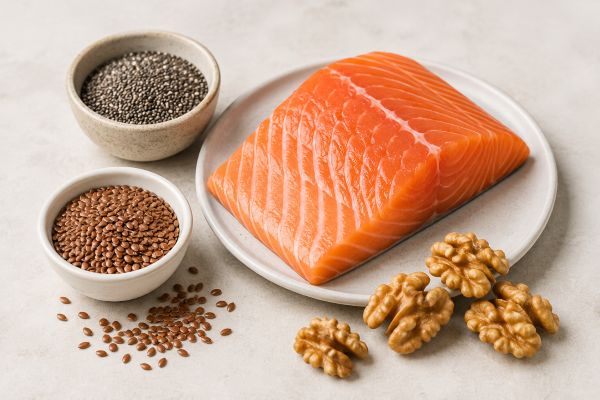 Salmon, walnuts, chia seeds and flaxseeds representing dietary sources of omega-3 and essential fatty acids