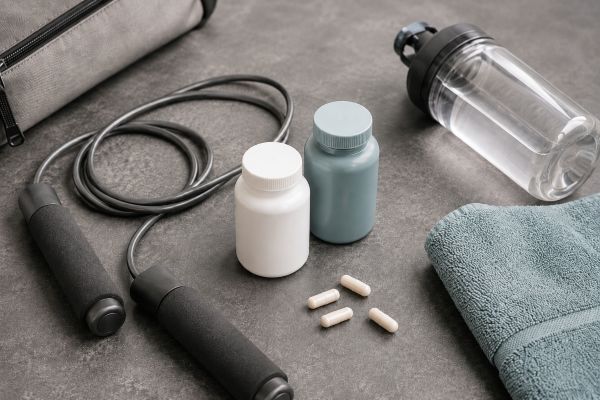 Unbranded fat burner and thermogenic supplements with capsules and fitness accessories in a neutral sports setting