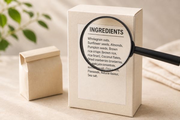 Magnifying glass over an ingredient list on unbranded packaged food