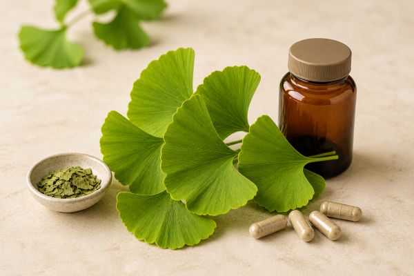 Ginkgo biloba leaves and capsules arranged with an unbranded amber supplement bottle