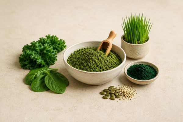 Green superfood powder with leafy greens, seeds and assorted plant-based ingredients