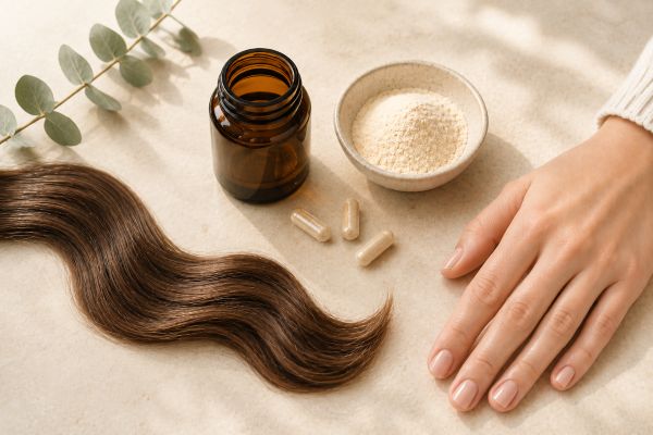 Generic hair, skin and nails wellness image with unbranded supplements and natural beauty elements