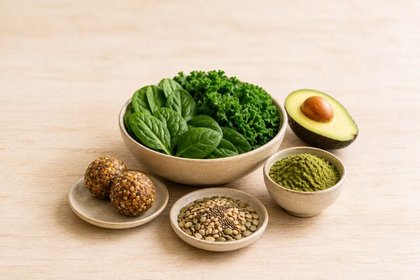 Assorted health foods with leafy greens, seeds, snack foods and superfood powder