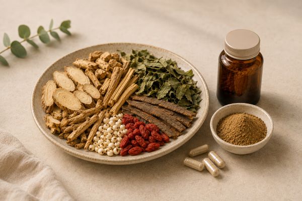 Mixed dried herbs, blended botanical powder and capsules arranged with an unbranded amber supplement bottle