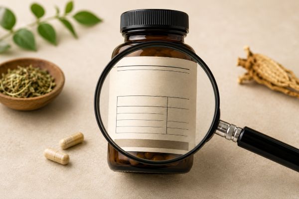 Magnifying glass over an unbranded herbal supplement bottle label with capsules and dried herbs