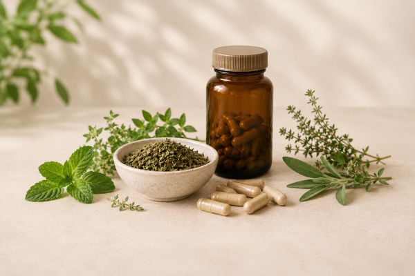 Herbal capsules, dried botanicals and fresh herbs arranged with an unbranded amber supplement bottle