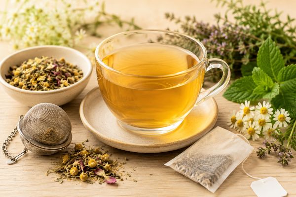 Herbal tea with loose botanicals, a tea infuser and an unbranded tea bag