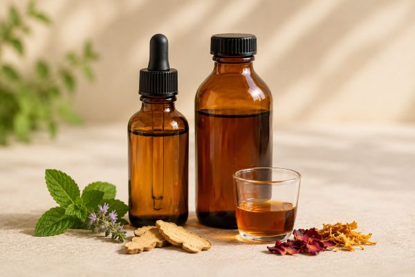 Amber herbal extract bottles with measured liquid and botanical ingredients