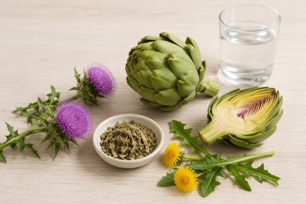 Artichoke, milk thistle and dandelion botanicals arranged for a liver health guide