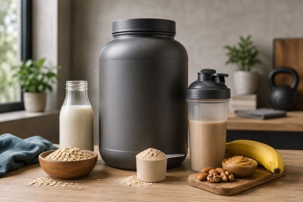 Unbranded mass gainer supplement, shaker, oats and banana in a sports nutrition setting