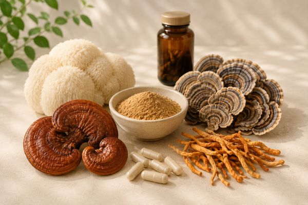 Medicinal mushrooms, mushroom powder and capsules arranged with an unbranded amber supplement bottle