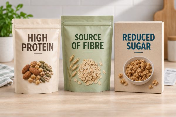 Unbranded food packages showing high-protein, source-of-fibre and reduced-sugar claims