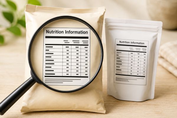 Magnifying glass over a nutrition information panel on unbranded packaged food