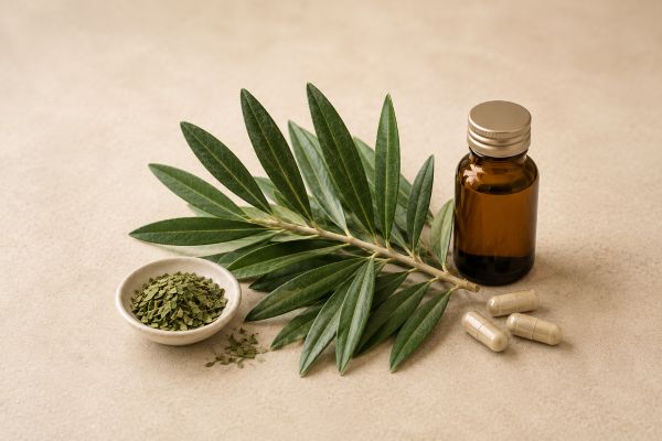 Olive leaves and capsules arranged with an unbranded amber extract bottle