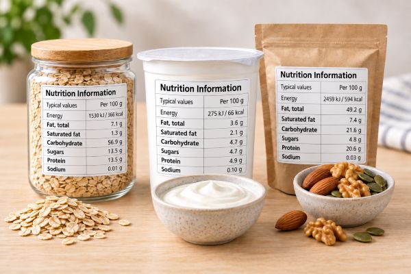 Nutrition panels with oats, yoghurt-style food and nuts representing protein, carbohydrate and fat