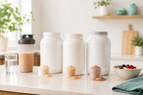 Unbranded protein powder containers and shaker in a bright sports nutrition setting