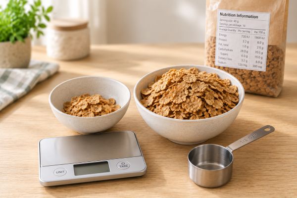Two different food portions beside a kitchen scale and an unbranded nutrition panel