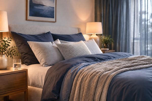 Calm bedroom at night representing sleep support and healthy sleep routines