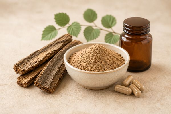 Slippery elm bark, bark powder and capsules arranged with an unbranded amber supplement bottle