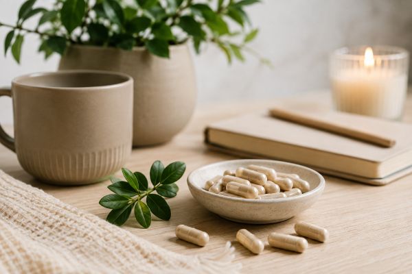 Stress support supplements with capsules and calming wellness setting