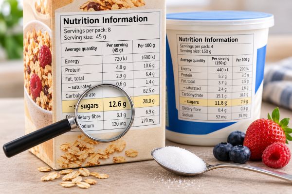 Unbranded food packages with nutrition panels, sugar and fruit for label comparison