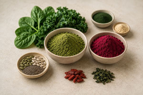 Assorted superfood ingredients with green powder, beetroot powder, leafy greens and seeds
