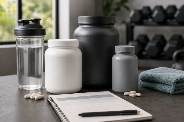 Unbranded testosterone support supplements, shaker and comparison notebook in a gym setting