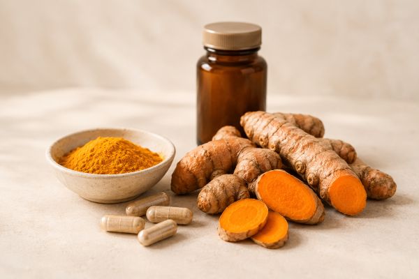 Turmeric roots, turmeric powder and capsules arranged with an unbranded amber supplement bottle