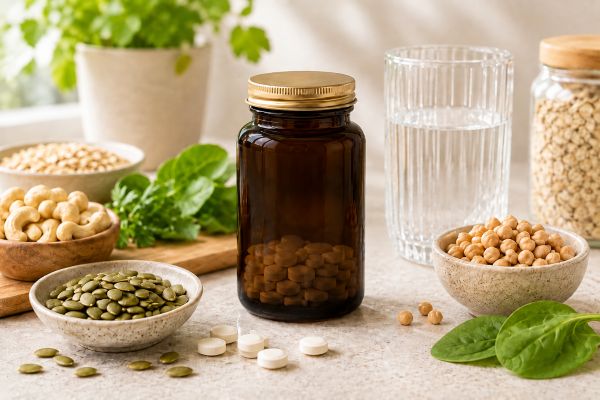 Unbranded zinc supplements with pumpkin seeds, nuts and water in a natural wellness setting