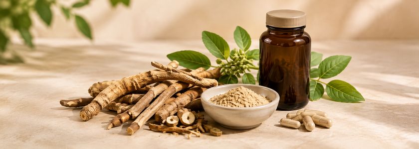 Ashwagandha roots, herbal powder and unbranded capsules arranged with an amber supplement bottle