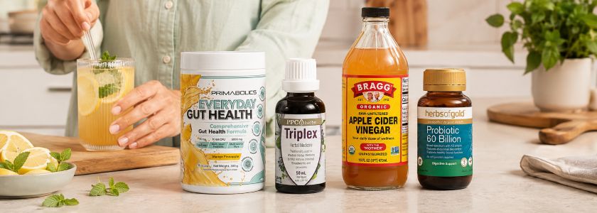 Digestion and gut health supplements including probiotics, herbal liquid, gut health powder and apple cider vinegar