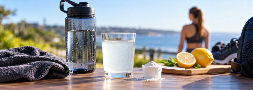 Reusable drink bottle, glass of electrolyte drink and hydration accessories in an active outdoor setting