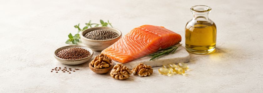 Salmon, chia seeds, flaxseeds, walnuts and unbranded omega-3 softgels representing marine and plant sources of essential fatty acids