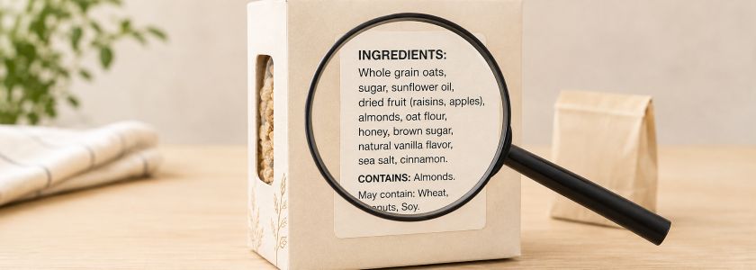 Magnifying glass over an ingredient list on unbranded packaged food